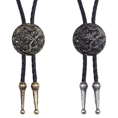 Leather Boot Lace Round Dragon Bolo Tie