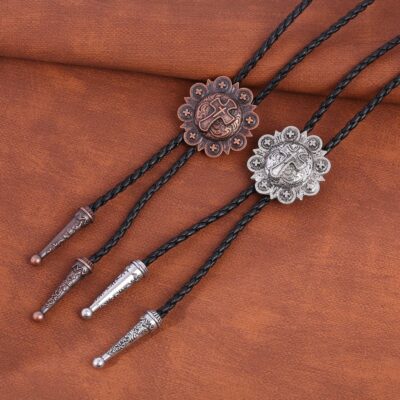 Christian Cross Engraved Flower Bolo Tie