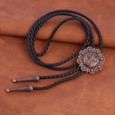 Christian Cross Engraved Flower Bolo Tie