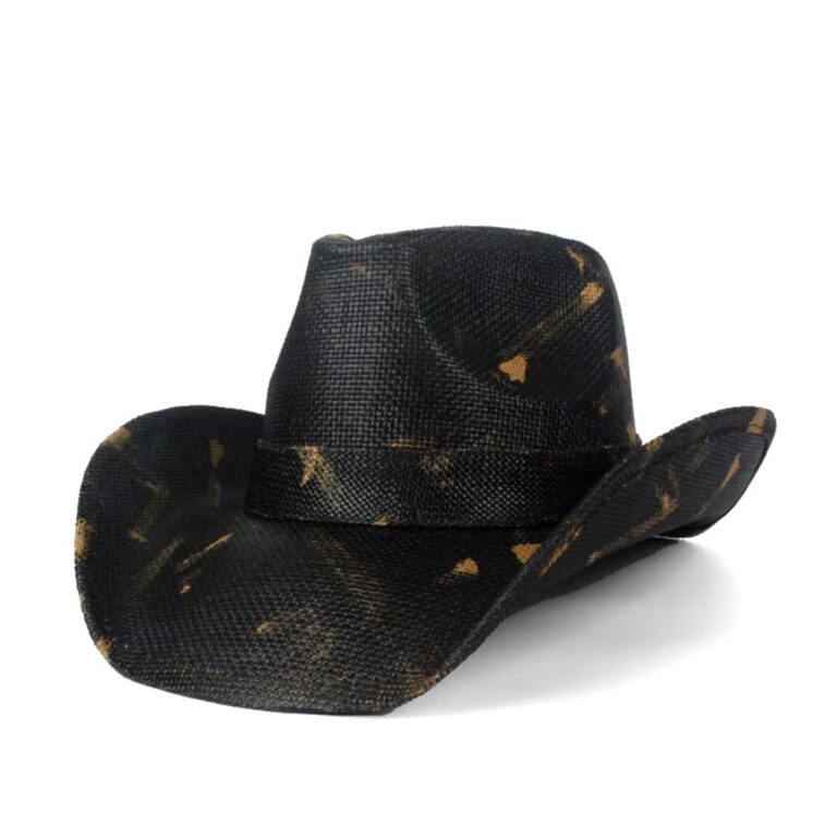 Distressed black straw cowboy hat with artistic bleach splatter pattern, featuring curved brim and classic teardrop crown shape on white background