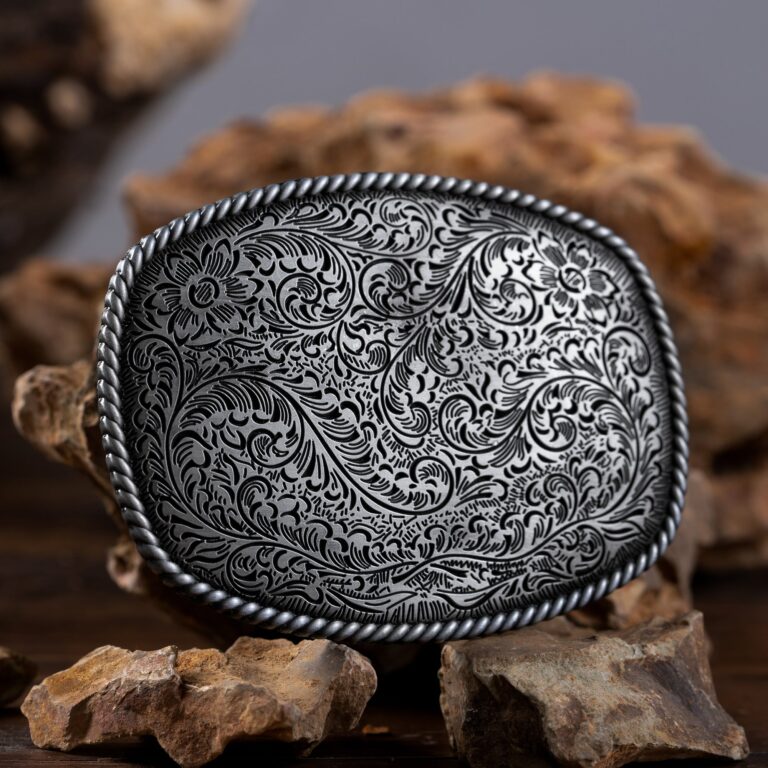 Engraved Venetian Floral Belt Buckle Silver