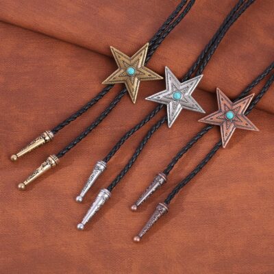Leather Boot Lace Star Bolo Neck Tie Turquoise Dot