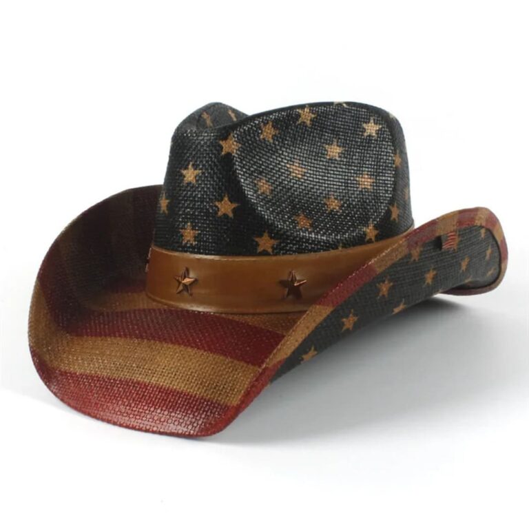 Patriotic American Flag Toquilla Straw Cowboy Hat with stars and stripes design, featuring brown leather band with metal stars