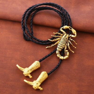 Scorpion Leather Bootlace Bolo Tie with Cowboy Boot Tips