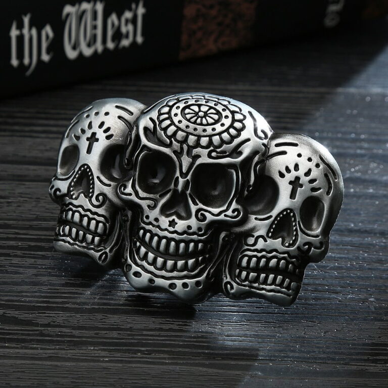 Silver Day Of The Dead 3 Skulls Belt Buckle