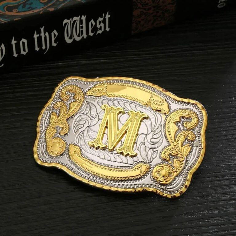 Silver and gold oval belt buckle with western scroll design and customized gold initial