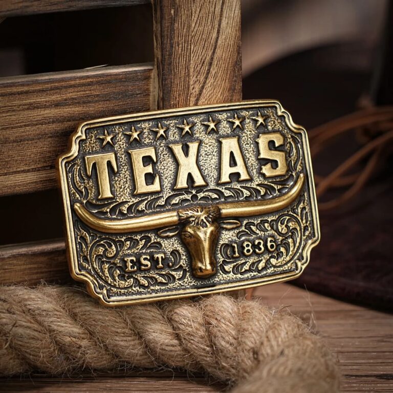 Texas Est. 1836 Longhorn Rectangle Belt Buckle featuring a prominent longhorn design and the establishment year, symbolizing Texas heritage.