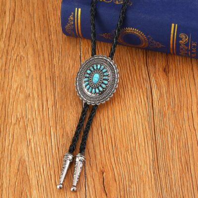 Turquoise Engraved Flower Leather Bootlace Bolo Tie