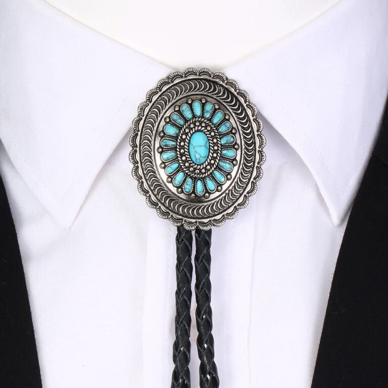 Turquoise Engraved Flower Leather Bootlace Bolo Tie